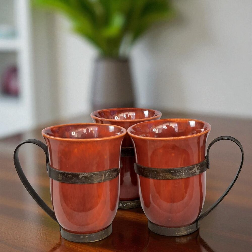 1930s GLADDING MCBEAN FRANCISCAN WARE 3 EL PATIO CUPS + ORIG IRON HOLDERS